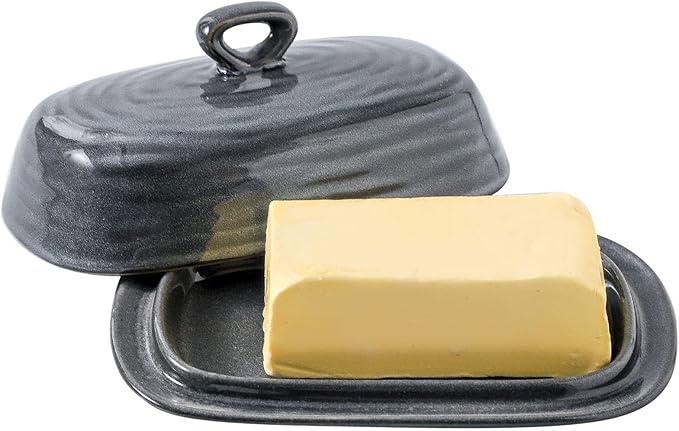 Hasense Porcelain Butter Dish with Lid, Covered Butter Container with Handle Design for Countertop, Gray