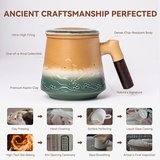 Ceramic Tea Mug with Infuser & Lid, 15oz Kiln-Transformed Unique Cup – Nature's Artisan Design, Loose Leaf Tea Cup with Infuser, Insulated Ceramic Coffee Mugs with Lid, Gift for Women/Men