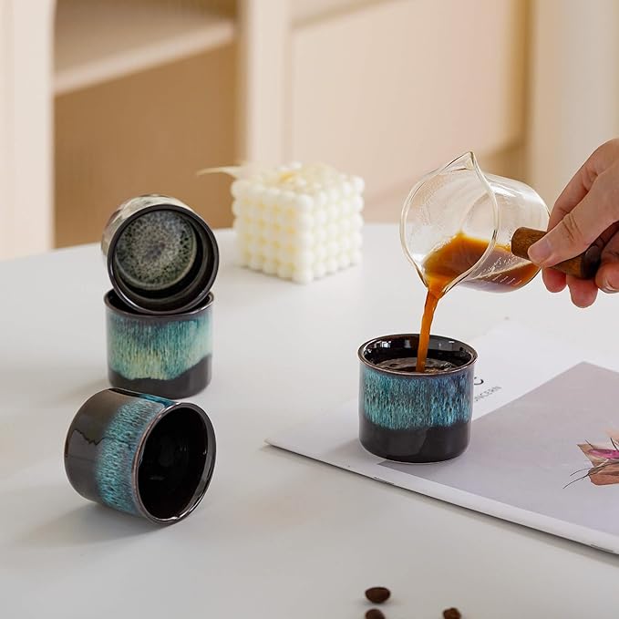 Espresso Cups Set of 2, Ceramic Espresso Cups, Expresso Shots Cups, 2.5oz Tea Cups, Demitasse Cups (4, magic blue outside)
