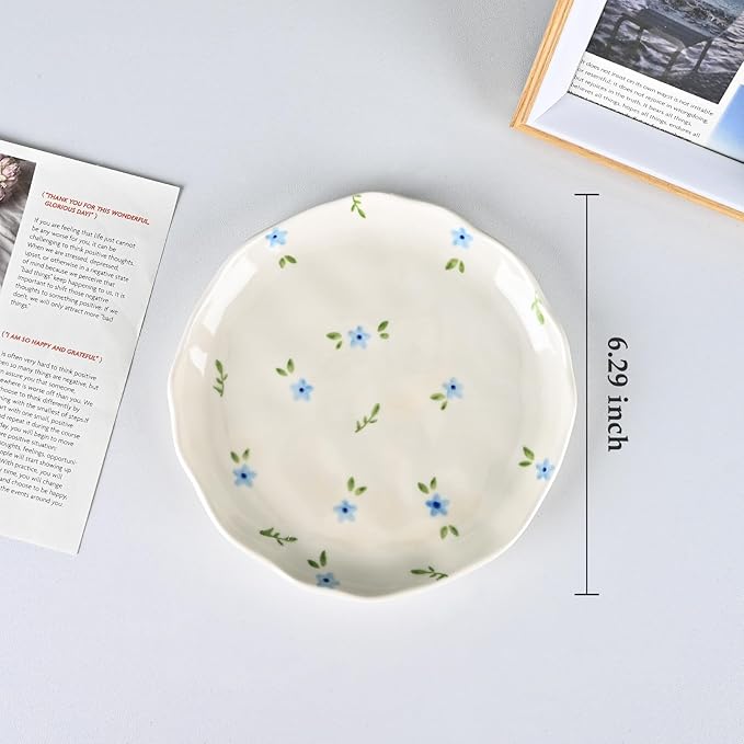 Koythin Ceramic Dessert Plates, Cute Fruits Dinner Plate, Creative Plates Design, Printed Flowers Dinnerware for Office and Home, Kitchen Plates for Desserts (Blue Flowers)