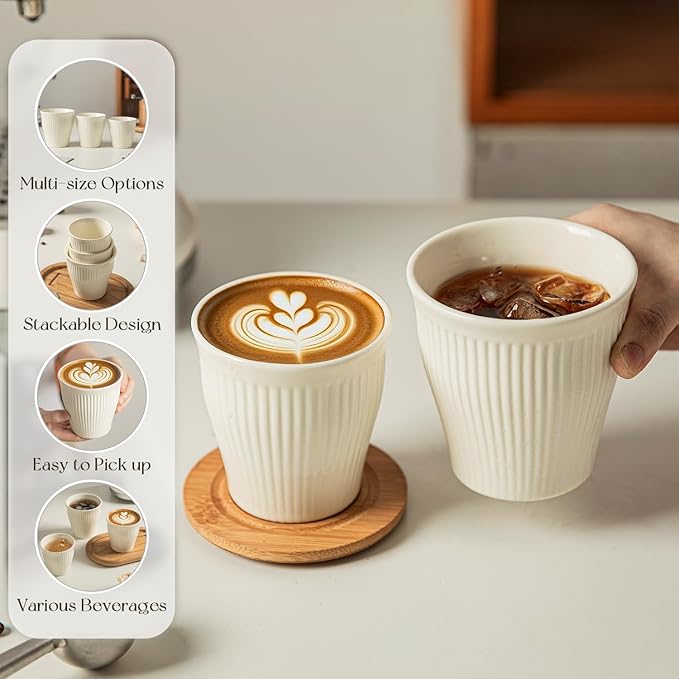 KEMORELA Espresso Cups Set of 3 – 5.5oz/7oz/10oz Ceramic Espresso Cups, Handleless Mug, Japanese Tea Cups， Ceramic Cups no Handles， Microwave and Dishwasher Safe, Barista Use, Asian Matcha Cup, White