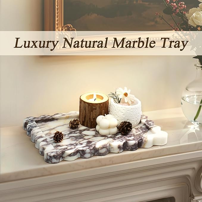 100% Real Natural Marble Tray, Genuine Calacatta Viola Scalloped Stone Tray, Luxury Decorative Trays for Bathroom Dresser, Vanity, Home, Kitchen Decor, Non-Resin/Ceramic, 10.6"x 8", Purple