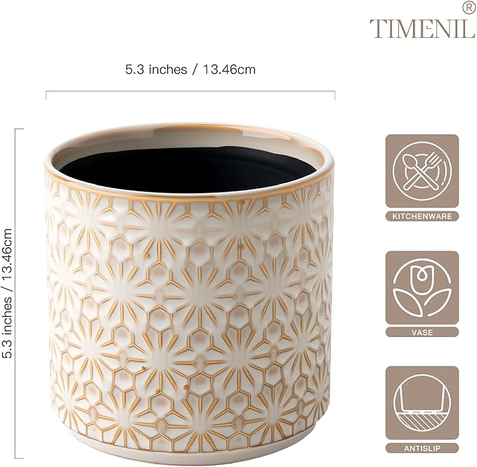 Ceramic Utensil Holder for Kitchen Counter,5.3" Farmhouse Kitchen Utensils Holder for Countertop， Handcrafted Cooking Utensil Holder with Elegant Design for Utensil Storage, Flower Vase
