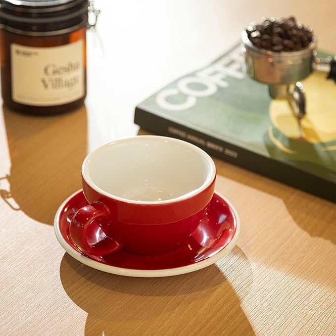 Loveramics Latte Art Mug with Saucer, 10 oz Ceramic Coffee cups with Round Bottom for Latte, Cappuccino, Tea, Espresso, Thick-walled Stoneware Cup Set for Barista - Regular Colours (Red, 10OZ)