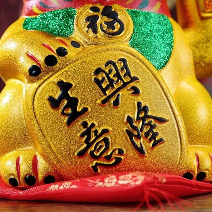 Elsjoy 2 Pack Lucky Cat Beckoning Maneki Neko with Waving Arm, 7 Inch Gold Waving Cat Ceramic Beckoning Cat Ornament for Business, Gift, Home Decor (Battery Not Included)