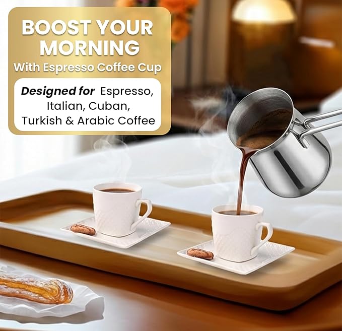 Espresso Cups With Saucer - 3 oz (90 ml) Turkish Coffee Cup, Small Modern Embossed Porcelain for Expresso, Cuban & Arabic Coffee, Elegant White (Set of 6)