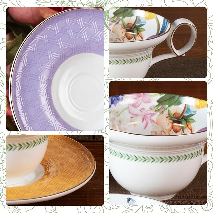 KAMMAK Ceramic Coffee Cups Saucers Set of 2, Porcelain Espresso Cups with Saucers, 5.92 oz Handmade Elegant Bone China Tea Cup, Ceramic Floral Pattern Demitasse for Latte, Americano, Cappuccino