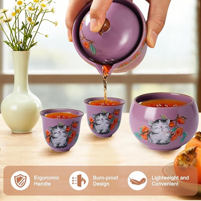Mini Tea Cups,Cute Lucky Cat Cups,Small Tea Mugs,Porcelain Gongfu Tea set with 3 in 1,Tea Sets for Adults,Ceramic Tea Infuser Cup for Loose Leaf for Women/Tea Lovers/Birthday/Easter's Day (Purple)