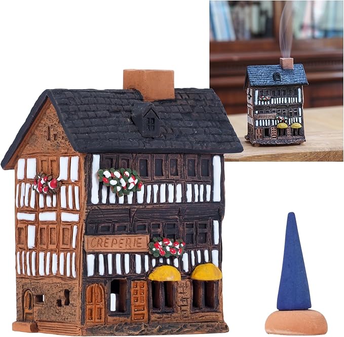 Ceramic Houses and Villages Collection - Collectible Handmade House Miniature of Creperie in Mont St. Michel, France - Cone Incense Holder R325
