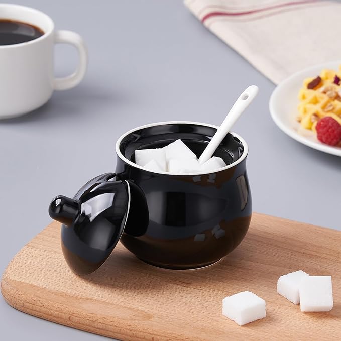 Ceramic Sugar Bowl with Lid and Spoon, Black Porcelain Sugar Salt Pepper Storage Jar, 7 Ounces