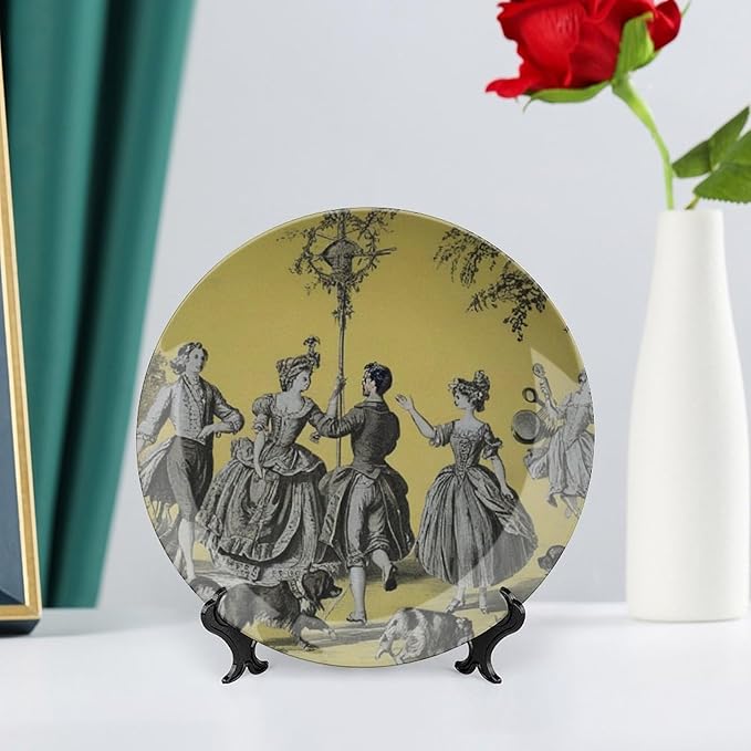 Home Decorations Decorative Plate, Romantic French Toile Personalized Christmas Gifts Ceramic Craft for Decorative Ornaments for Wall Household Farmhouse Decor, Including Bracket And Special Hook