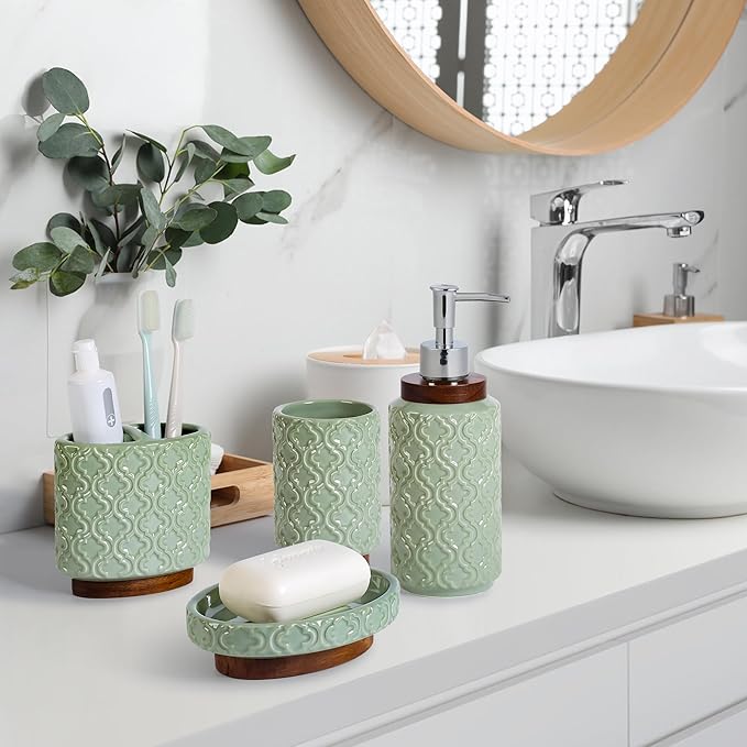 Elegant 4 PCS Ceramic&Wood Bathroom Accessories Set:Soap Dispenser,Toothbrush Holder,Tumbler,Soap Dish,Easy to Clean,Quatrefoil Pattern,Green-Affordable Luxury for Home Decor Enthusiasts