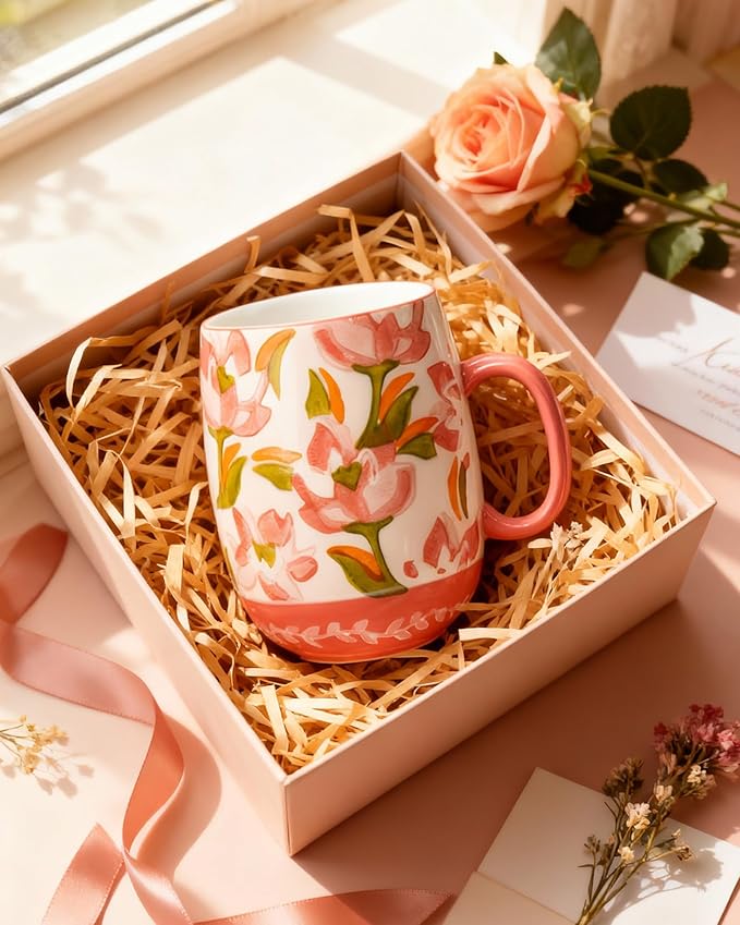 Large 24oz Ceramic Coffee Mug with Handle for Coffee or Tea, Hand-Painted Floral Pottery Mug for Women, Durable Microwave & Dishwasher Safe, Christmas Gift for Family, Holiday & Fall Decor