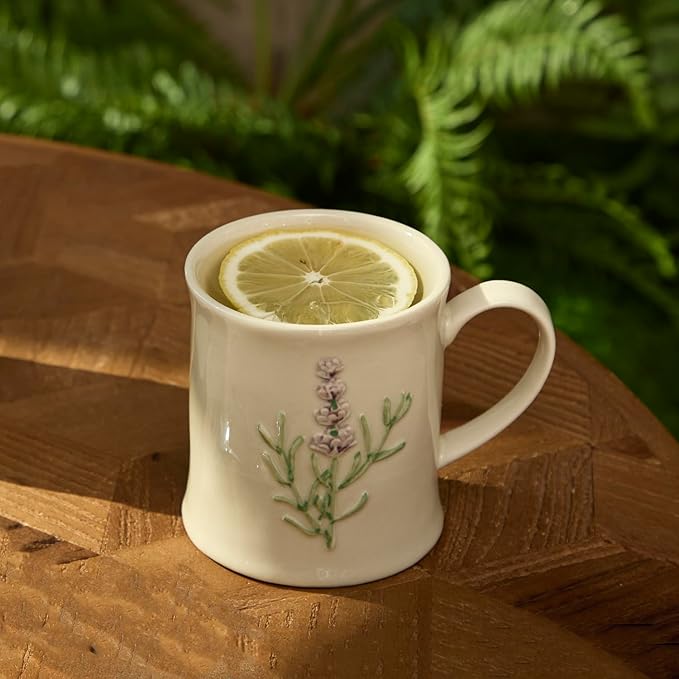 Artisanal Handcrafted Ceramic Mug with Sage Botanical Design - 10oz Off-White Stoneware Coffee Cup, Elegant Purple Sage Pattern, Dishwasher Safe, Comfort Grip Handle for Daily Use-2pack