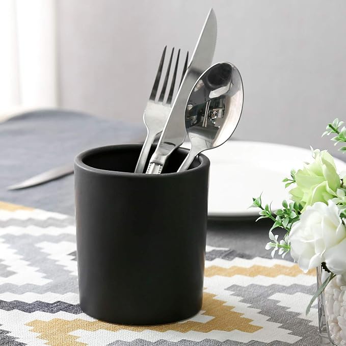 MyGift Set of 2 Black Ceramic Utensil Holder Kitchen Canister Cooking Tools Crock, Large and Small Countertop Silverware Caddy