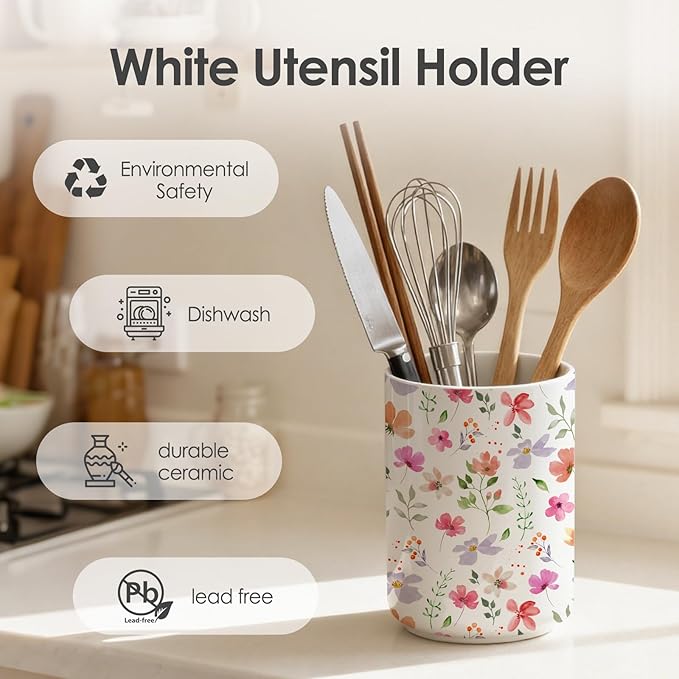 Wildflowers Utensil Holder,Countertop Ceramic Utensil Holder,Large Cooking Utensil Crocks for Kitchen Counter Decor,Ceramic Vase for Kitchen Utensils,6.3"+4.7"(Flower)