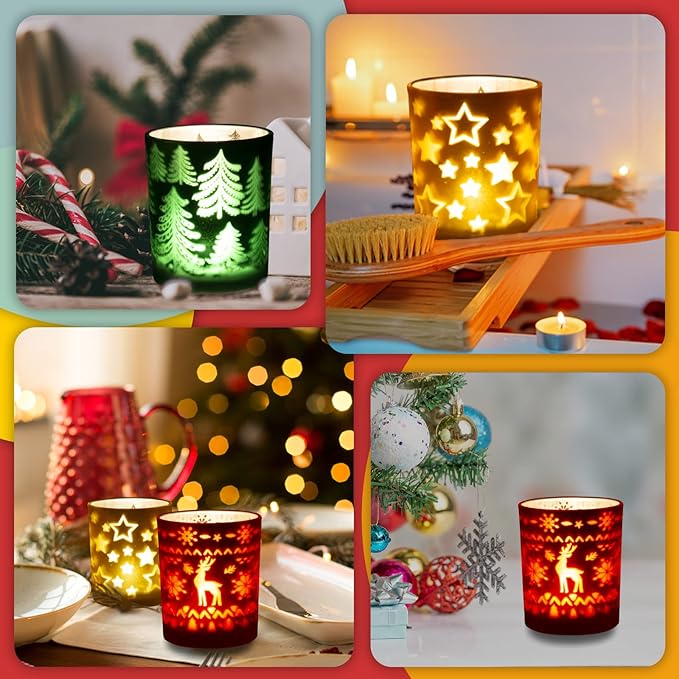 Rancco Tealight Candle Holders for Christmas, 3 Color Indoor Xmas Decor Tea Light Candle Jar for Centerpieces & Party Decoration, Votive Candle Holders w/Elk, Christmas Tree, Stars Designs,3.3x2.6in