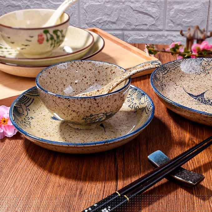 4-Piece Ceramic Dinnerware Set, Plate, Dish, Bowl, Spoon, Japanese Hand-painted Tableware set, A Good Tableware (Yule)