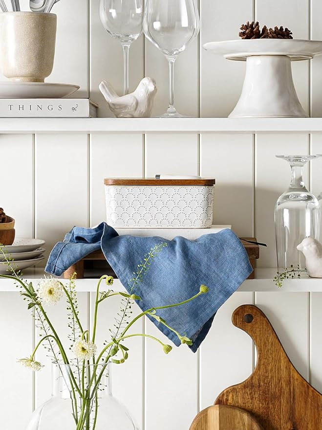 LE TAUCI Butter Dish with Lid for Countertop, Ceramic Butter Container, Embossed Butter Keeper with Acacia Wood lid, Knife, and Airtight Cover, Farmhouse Decor - Set of 1, Arctic White, Fireworks
