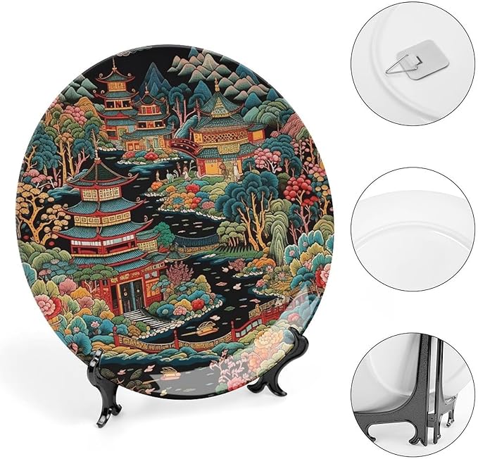 Chinoiserie Charcoal Coral Pagoda Asian China Plates, Asian Scenic Chic Chinoiserie Pagoda Custom Bone China Decorative Plate for Wedding Festival Home Decor, with Display Stand Art Decor for Table