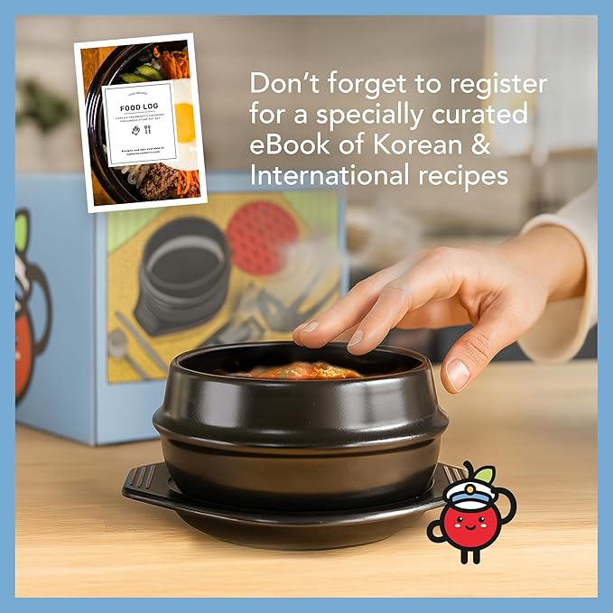Korean Stone Pot Set (7-piece, 38.7oz with Hot Pot Grip), Ttukbaegi, Dolsot, Korean Soup Bowl, Ceramic Pots for Cooking, Soup Pot, Earthenware Claypot, Bibimbap, Ramen