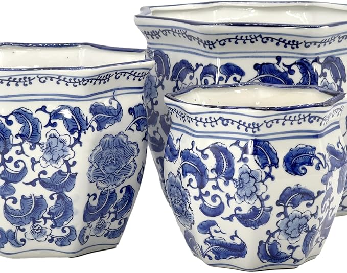 Galt International Blue & White Round Fluted Classic Floral Porcelain Ceramic Plant Flower Planter Pot Set of 3 (7.5", 10", 13") Garden Pots Chinese Asian Design