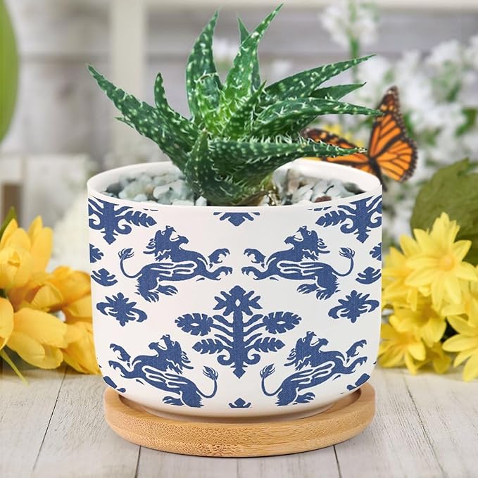 DreamAutumn Navy Blue Regalia Ceramic Pots for Plants with Drainage Holes Round Flower Pot Bamboo Tray Orchid Pot Succulents Pots for Outdoor Indoor Plants,Housewarming Gifts