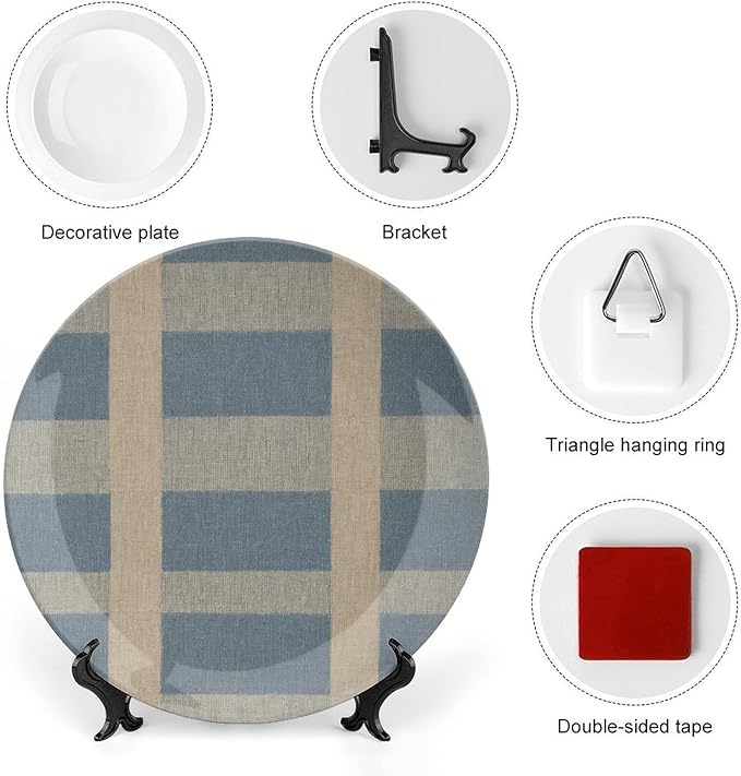 Geometric Asian Check in Blue Vintage Plates of 6", 7", 8", 10", Personalized Christmas Design Porcelain Dessert Plate Set, Customize Gifts, Kitchen Farmhouse Decorations Club, Unique Art with Stand