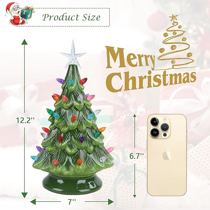 VCUTEKA Small Ceramic Christmas Tree Hand-Painted Vintage Tabletop Green Christmas Tree Holiday Decoration with Multi-Color Lights 12.2 inch