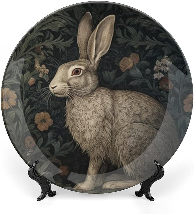 William Morris Inspired Rabbit China Plates, Custom Raven in The Forest Art Ceramic Craft for Decorative Ornaments, Housewarming Gifts Festival Decorations Table, Unique Art with Stand