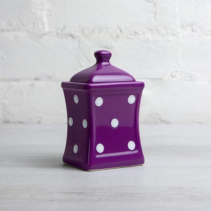 City to Cottage Handmade Small 5.3oz/150ml Ceramic Kitchen Herb, Spice, Storage Jar with Lid, Pottery Canister, Housewarming Gift (Purple Polka Dot)