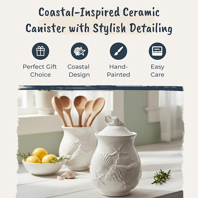 Blue Sky Clayworks Laguna Coastal Canister, Ceramic, 6" L x 6" W x 9.5" H, Seashell-White Counter Accent