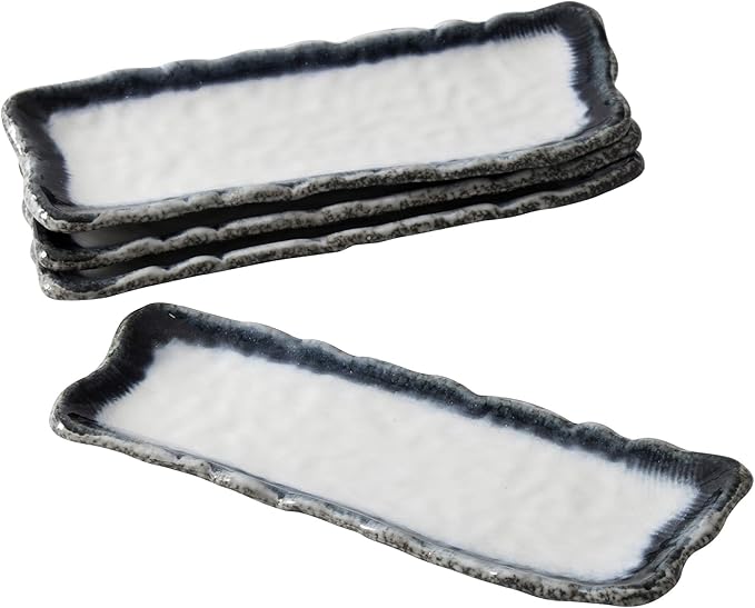 Uaral Japanese Sushi Plates Stoneware Sushi Plate Set Sushi Dish Set Sashimi Plates Rectangular Plate 12.5inch Set of 4, (Blue and White)