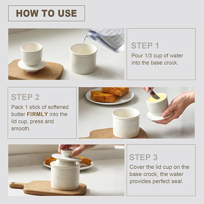 Butter Crock with Lid for Countertop - Ceramic French Butter Dish for Spreadable Soft Butter, Butter Container Holder with a Water Seal, Housewarming Gift, Kitchen and Home Decor, Speckled White