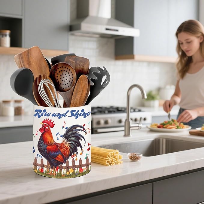 Rooster Kitchen Decor, 6.5inch Ceramic Utensil Holder with Rooster Design, Rustic-Style Indoor Kitchen Utensil Storage Rack, Ideal for Spoon Storage and Cooking Tools,Gift for Kitchen Organizers