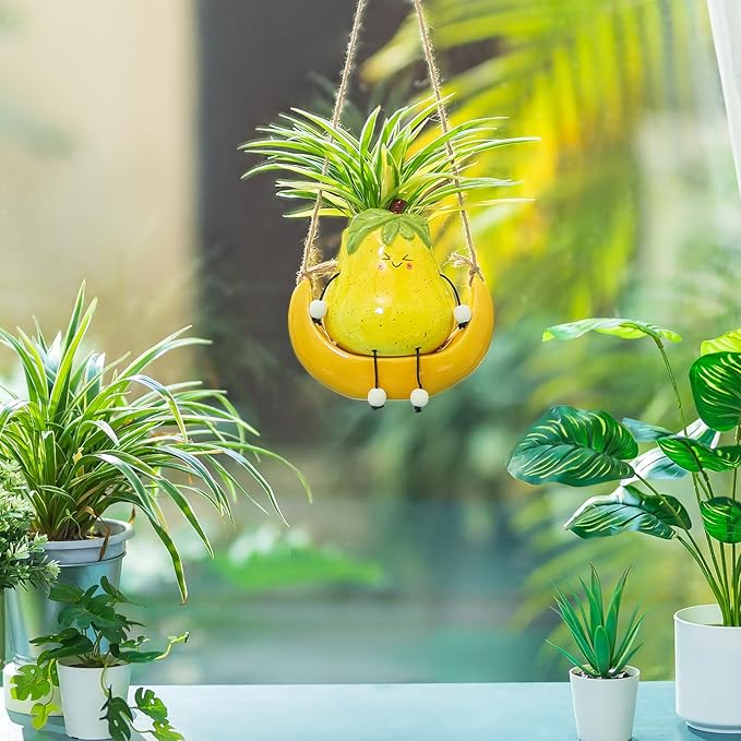 Cute Hanging Planter Pot - Swing Smiley Planter for Indoor Outdoor Plants - Ceramic Succulent Plant Pot with Face