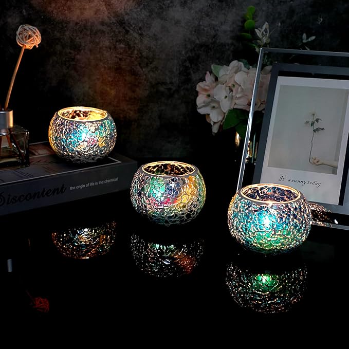 OwnMy Set of 3 Blue Mosaic Glass Tea Light Holders Round Bowl Votive Candle Holders Pillar Candle Stands, Glass Mosaic Tealight Holders Potted Plant Bowl Vase Candle Centerpiece for Table Wedding