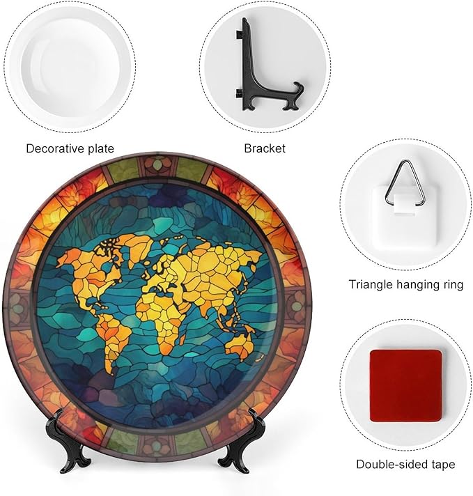 Decorative Plates, Retro World Map Stained Glass Design Ceramic Dinner Plate Home Wobble-Plate w/ Display Stand, Wall Hanging Decor for Kitchen Household 7 Inch, Gifts for Adventure Lover Wanderlust