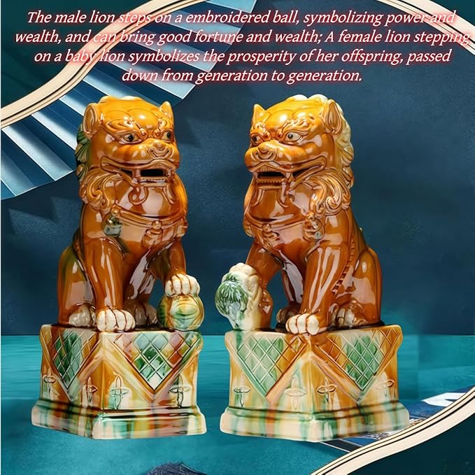 Animal Ornament Sculpture Ceramic Lions Pair Home Decorations Asian Art Desktop Feng Shui Ornaments Red