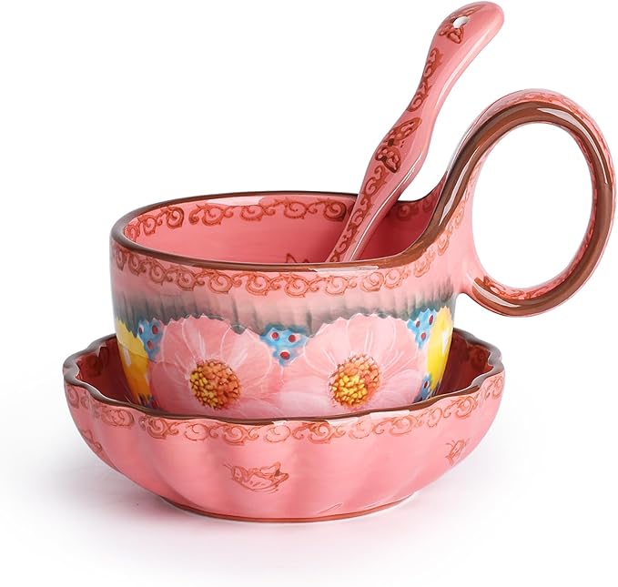 silesia Handmade Loop Handle Soup Bowl, Plate and Spoon Set - Ceramic Hand Painted Cereal Bowl Great for Soup, Ice cream, Snack, Stew in Gift Box, Dishwasher Safe, Glazed Pink