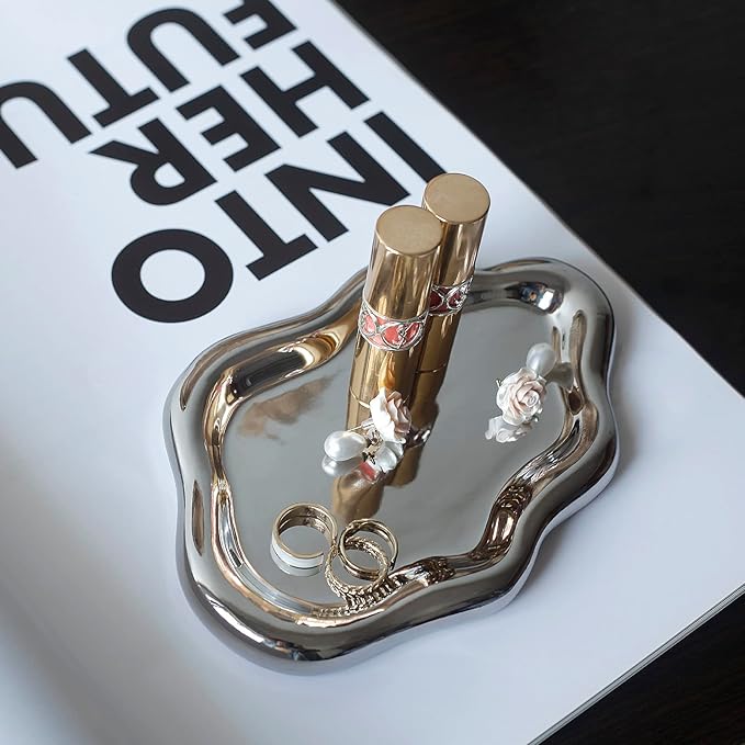 Jewelry Dish Trinket Tray for Women, Ring Dish Holder, Unique Cloud Shape Ceramic Plate Cute Things Vanity Aesthetic Room Decor Mother's Day Birthday (Silver)