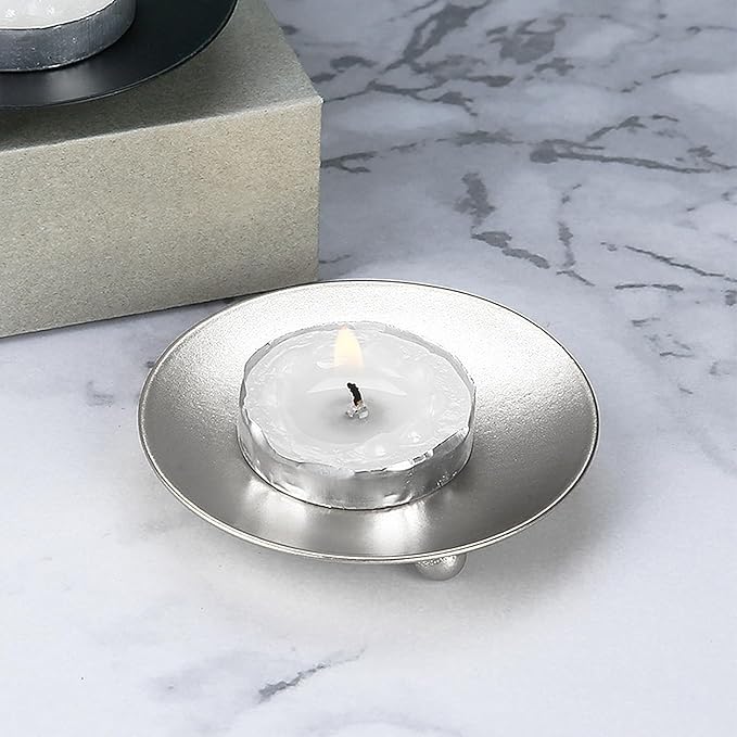 Candle Holder Decorative Iron Plate,Candle Stand for LED & Wax Candles,Spa,Bathroom,Weddings,4.33x0.78inch,Set of 2 (Silver)