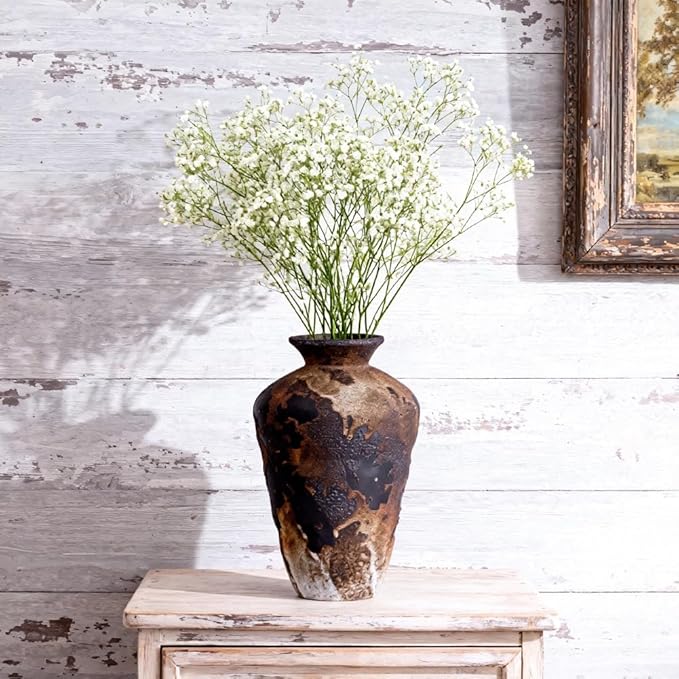 Wabi Sabi Ceramic Vase 9.1 Inch, Rustic Pottery Vase for Home Decor, Organic Textured Brown Black Vase for Pampas Grass, Coffee Table Shelf Farmhouse Decor