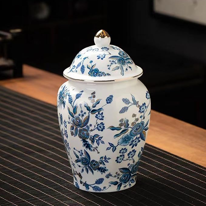 fanquare Porcelain Tea Canister for Loose Tea Vintage Chinese Blue Hexagonal Orchid Style Airtight Tea Storage Caddy Large Sugar Jar Table Vase for Kitchen Décor
