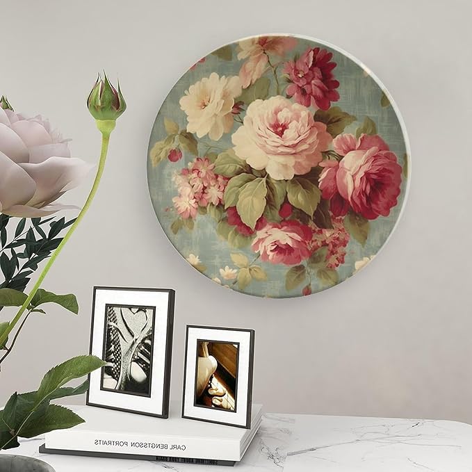 Pink Cabbage Roses Romantic Aqua Ceramic Decorative Plate, Custom Ceramic Dinner Plates for Kitchen Table Housewarming Gifts Decor, Unique Art with Stand Art Decorations for Club Household