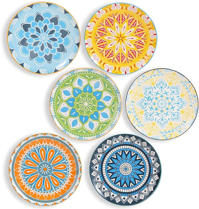 Dessert Plate Set of 6-8 Inch Ceramic Salad and Appetizer Plates - Vibrant Mix-and-Match Colors - Dishwasher and Microwave Safe