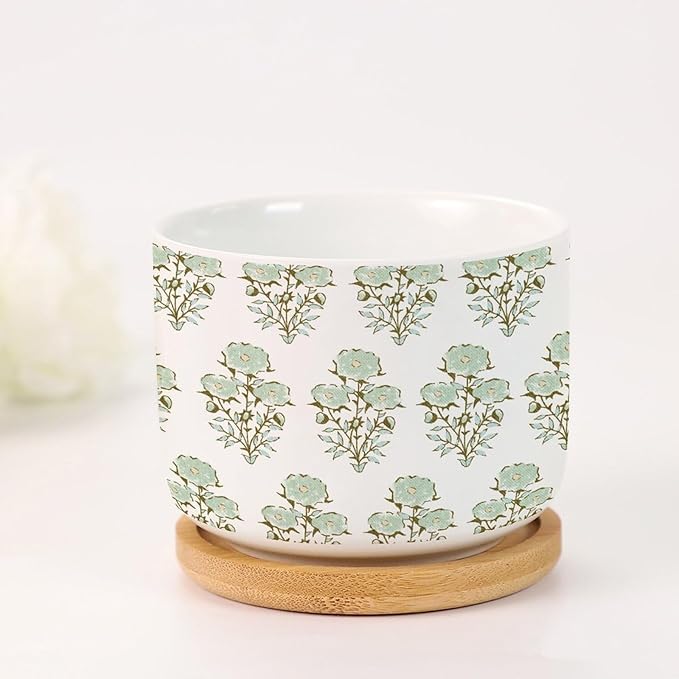 1 Piece Green Flower Small Succulents Pots Oriental Chinoiserie Cactus Planter for Indoor with Drainage Holes and Bamboo Tray Watercolor Chinoiserie Floral Ceramics Planters for Indoor