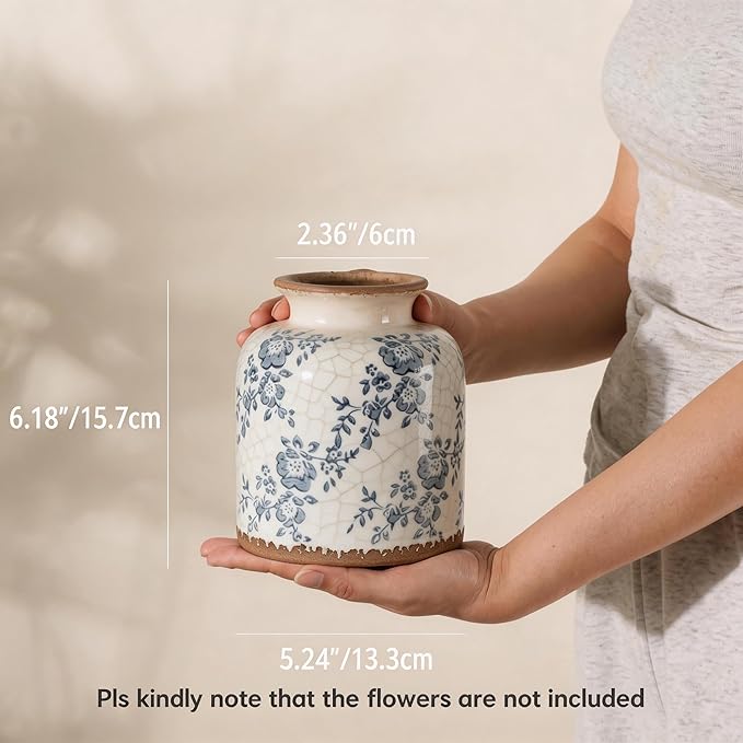 Blue Camellia Chinoiserie Vase, 6.2” Crackled White Ceramic Vase with Antique Distressed Edges, Hand-Painted Vintage Floral Vase for Home Decor, Farmhouse Table Centerpiece (Blue, 6.2")