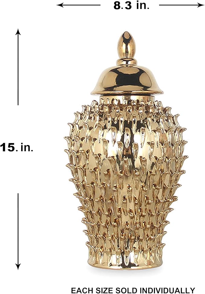 Noori Home - 100% Modern Glam Artisan Ceramic SPIKES BECCA Ginger Jars GOLD 8.3x8.3x15