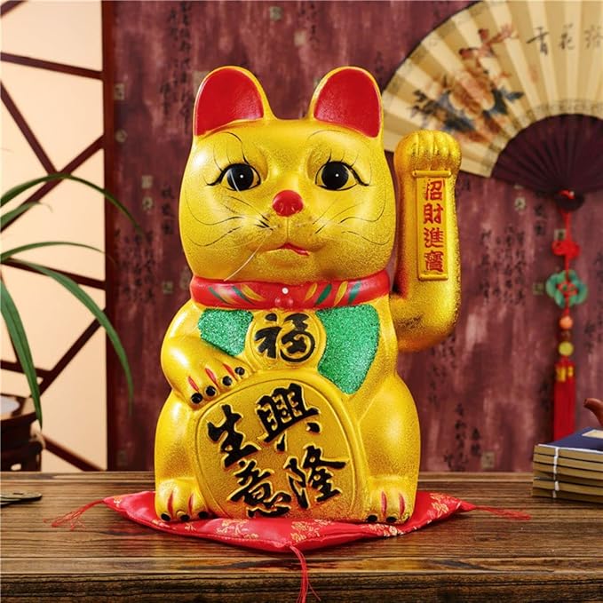 Elsjoy 2 Pack Lucky Cat Beckoning Maneki Neko with Waving Arm, 7 Inch Gold Waving Cat Ceramic Beckoning Cat Ornament for Business, Gift, Home Decor (Battery Not Included)